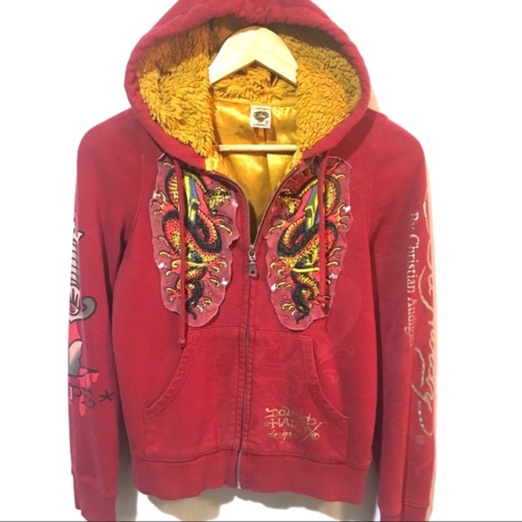 Ed hardy red & gold rhinestone fluffy hoodie - Picture 2 of 8